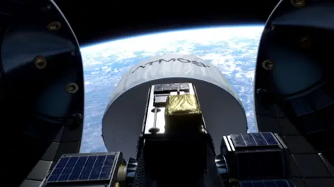 Frontier Space Realistic artist impression of a box about to be ejected into orbit. The Earth appears in the background, the white cover, bearing the name of the space cargo firm Atmos, has already been ejected and has begun its descent.