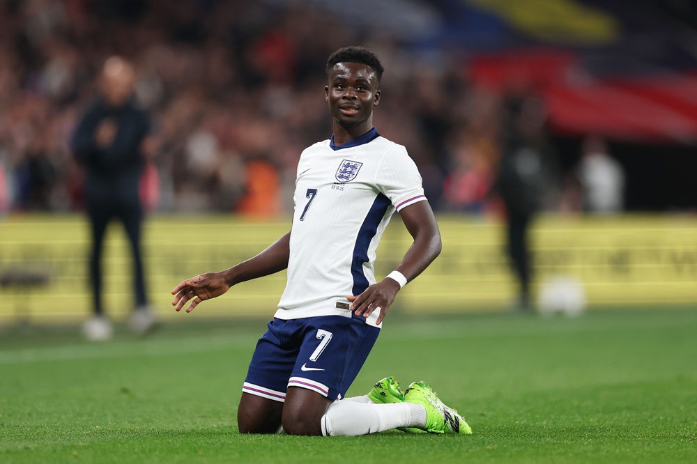 LONDON, ENGLAND: Bukayo Saka of England celebrates scoring his team's third goal during the International Friendly between England and Wales at Wembley Stadium on October 09, 2025. (Photo by Julian Finney/Getty Images)